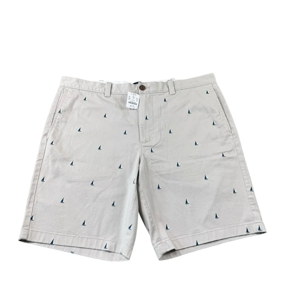 J.Crew Mens Khaki Sailboat All Over Print Cotton Chino Shorts AL101 Size 38 9in